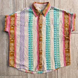 En Creme Pineapple Aztec Stripe Short Sleeve Boho Camp Shirt Cotton Size S Cream